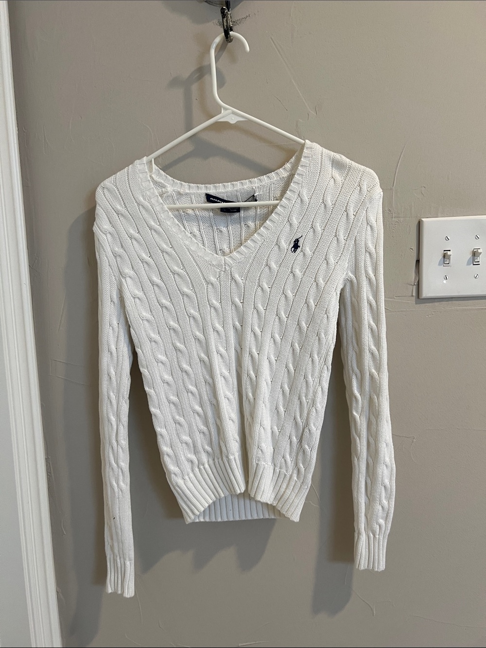 Ralph Lauren White Cable-Knit V-Neck Sweater